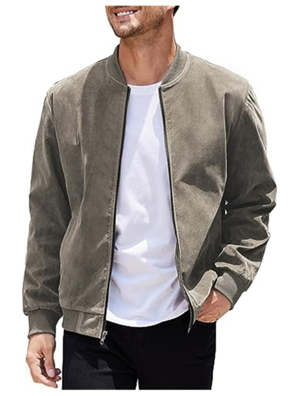 Mens Faux Suede Bomber Jacket Lightweight Zip Up Vintage Casual Fall Coat